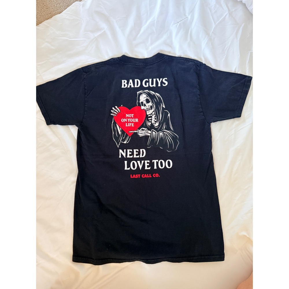 Last Call Co Bad Guys Need Love Too Skeleton Reaper Skater T-Shirt Black Medium